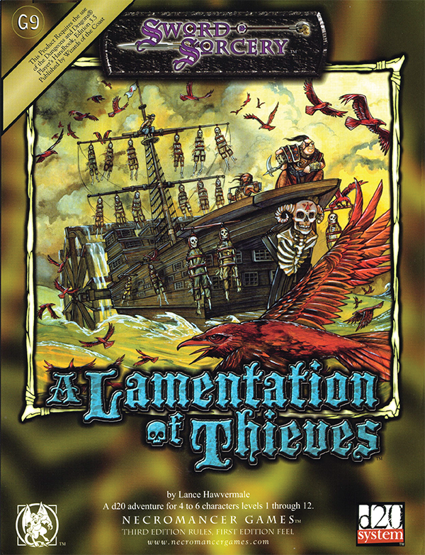 A pirate ship adorned with hanging skeletons in cages sails with haste through the water surrounded by a swarm of red birds.