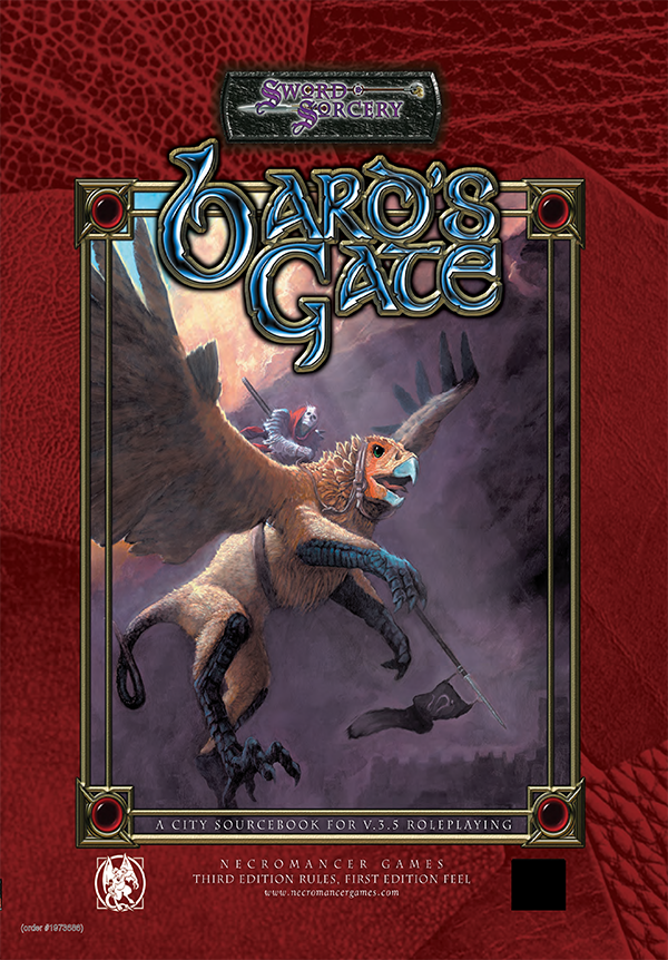 A skeleton clad in armor and red cloth rides a flying griffon.