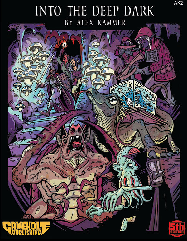 A band of adventurers walk down a flight of steps to see a gaggle of monsters that are being stalked by a hidden group of Drow armed with crossbows.